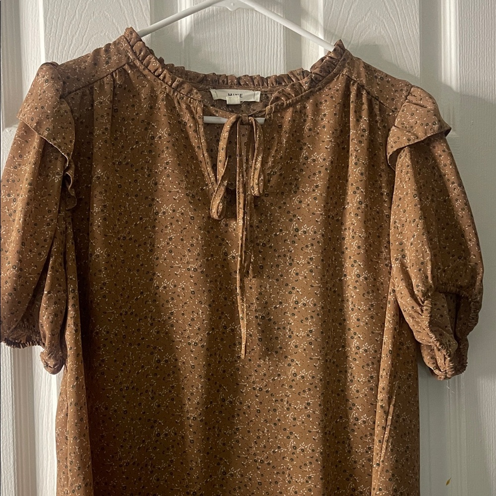 Mine Brown Floral Blouse with Tie-Neck